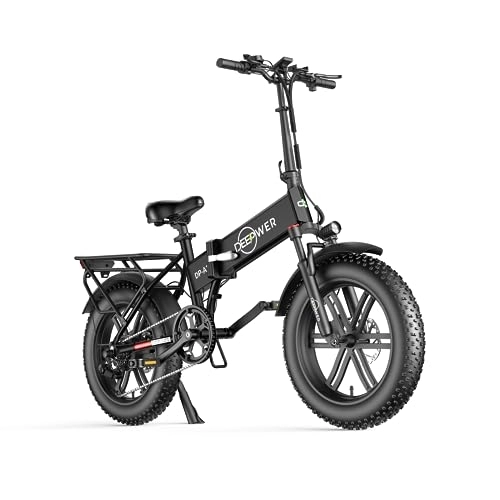 Electric Bike : DEEPOWER A1 Electric Bicycle for Adults, 250W Motor, Foldable 20" x 4.0 Fat Tire Electric Bike, 25KM / H, 48V 20AH Removable Battery, 7-Speed Gears, Disc Oil Brakes, Mountain Ebike (Black)