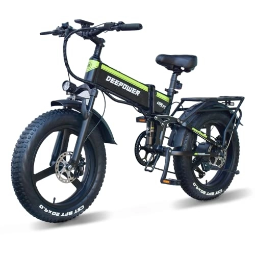 Electric Bike : DEEPOWER Folding Electric Bicycle, 250W 20" Fat Tire Electric Bike with USB Port, 25KM / H, 48V 20Ah Removable Battery, 7-Speed Gears, Dual Shock Absorbers, Snow Mountain EBike for Adults