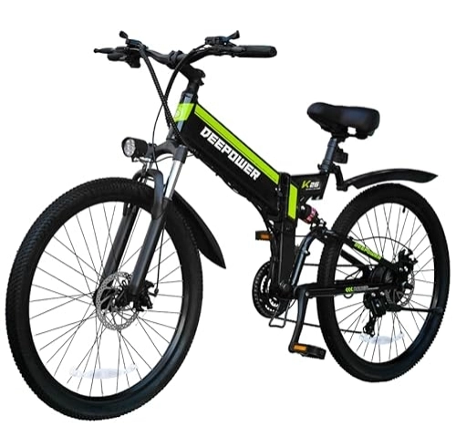 Electric Bike : DEEPOWER K26 Electric Bike for Adults, 250W Motor 26" Folding Electric Bicycle, 25KM / H, 48V 12.8AH Removable Lithium Battery, 21-Speed Gears, Lockable Fork Suspension