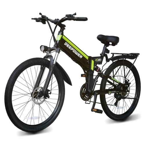 Electric Bike : DEEPOWER K26 Electric Bike for Adults, 250W Motor 26" Folding Electric Bicycle, 25KM / H, 48V 12.8AH Removable Lithium Battery, Shimano 21-Speed, Lockable Fork Suspension, MTB with Rear Rack