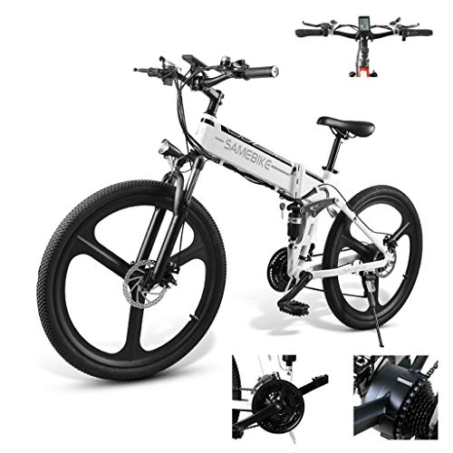 Electric Bike : DEPTH Electric Mountain Bike Foldable Bicycle with Removable Large Capacity Lithium-Ion Battery 48V, Electric Bike 21 Speed Gear And Three Working Modes, White