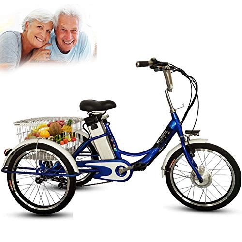 Electric Bike : DNNAL Electric Adult Tricycle, 20" 3-Wheels Trike Electric Bicycle Leisure Vegetable Basket Cart with LED Light and Shopping Basket, Blue