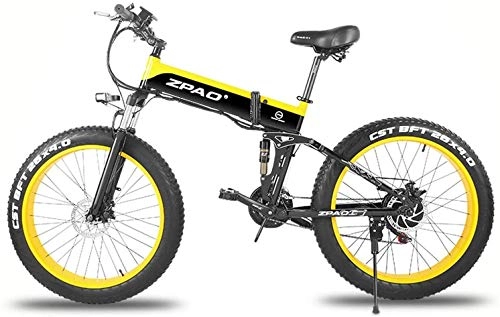 Electric Bike : DYB 48V 500W Folding Mountain Bike, 4.0 Fat Tire Electric bike, Handlebar Adjustable, LCD Display with USB Plug (Color : Yellow, Size : 12.8Ah1SpareBattery)