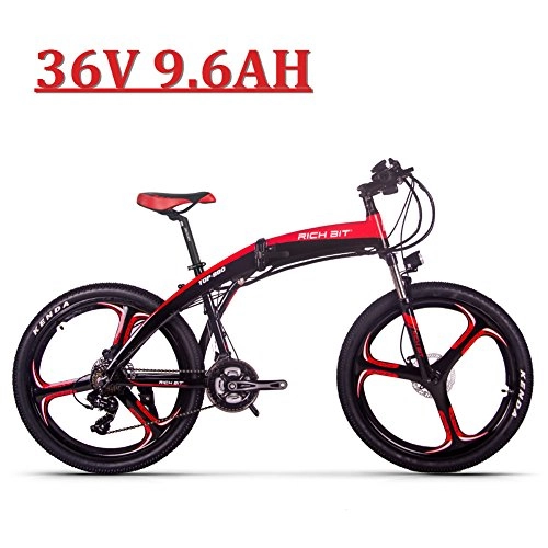 Electric Bike : eBike_RICHBIT New 26'' Folding Electric Bike, RLH-880, 250 Watt, Shimano 21 Speeds TX35 Gears, 36V 9.6AH e bike, hydraulic Disc Brakes, Full Suspension Cycling (Black-Red)