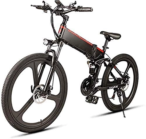Electric Bike : Ebikes, 26-inch 21-Speed Electric Snow Bike 350W Folding Mountain Electric Bike with 48V10AH Removable Lithium-ion Battery, Aluminum Alloy Double Suspension Bike, Maximum Speed 35Km / H (Color : Black)