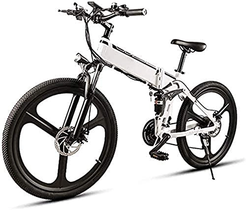 Electric Bike : Ebikes, 26-inch 21-Speed Electric Snow Bike 350W Folding Mountain Electric Bike with 48V10AH Removable Lithium-ion Battery, Aluminum Alloy Double Suspension Bike, Maximum Speed 35Km / H (Color : White)