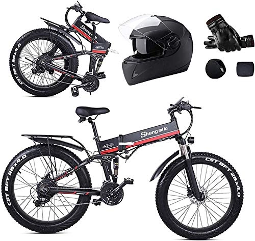 Electric Bike : Ebikes, 26inch Fat Tire Folding Electric Mountain Bike, 1000w Motor Aluminum Frame, 48v 12.8ah Removable Lithium Battery, 21 Speed Shock-Absorbing Mountain Bicycle, Beach Snow Bicycle, Red ZDWN