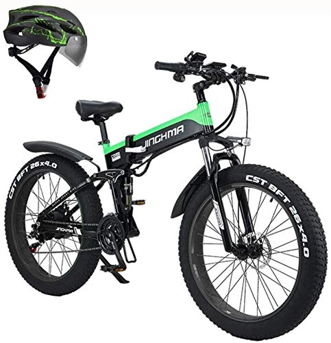 Electric Bike : Ebikes, 26inch Fat tire Folding Electric Mountain Bike 500w / 48v Brushless Motor Removable Lithium Battery Professional 21-Speed Gear Snow Beach Off-Road Mountain Bike, Green, 12.8ah 80km ZDWN
