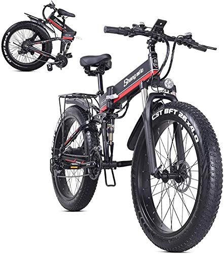Electric Bike : Ebikes, 26inch4.0 Fat Tire Folding Electric Mountain Bike, 48v 12.8ah Removable Lithium Battery, 1000w Motor and 21 Speed Gears Beach Snow Bicycle, Full Suspension Ebike for All Terrains, Red ZDWN