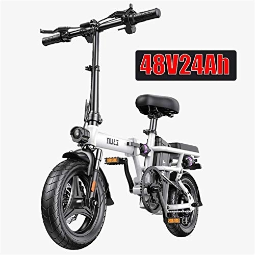 Electric Bike : Ebikes, Adults Electric Bicycle Ebikes Folding Ebike Lightweight 250W 48V 24Ah With 14inch Tire & LCD Screen With Mudguard (Color : White, Size : Range: 80 km)