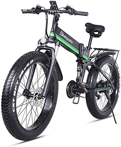 Electric Bike : Electric Bicycle 26''×4.0 Fat tire, 21-Speed Mountain E-Bike, folding electric bike Full suspension, removable 614Wh Lithium Battery, Hydraulic Disc Brake Shengmilo MX01 (green, add an extra battery)