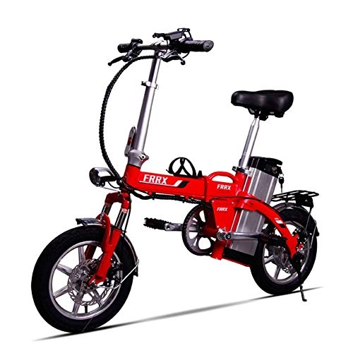 Electric Bike : Electric bicycle folding lithium mini adult travel battery car 48V lithium ion battery powerful brushless motor, battery life 80KM (Color : Red)