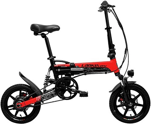 Electric Bike : Electric bicycle, G100 14 inch folding bike, 400W electric motor, the whole suspension, double disc, with LCD display, an auxiliary pedal 5 woo ( Color : Black Red , Size : 8.7Ah+1 Spare Battery )