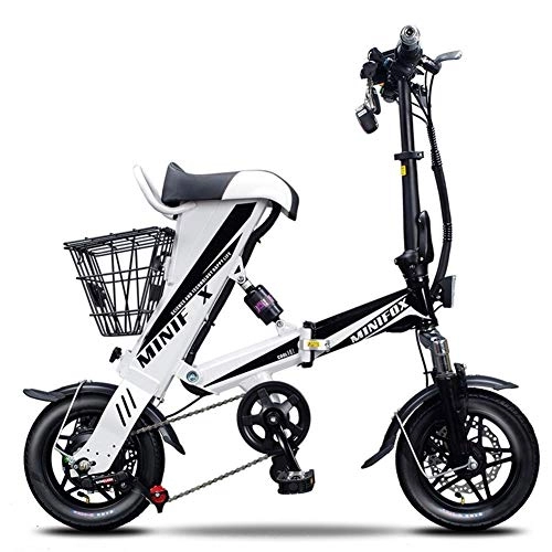 Electric Bike : Electric bicycle High carbon steel frame portable folding 36V lithium battery 250w brushless motor Remote control anti-theft lock Adult electric bicycle, cruising range 70Km (Color : White)