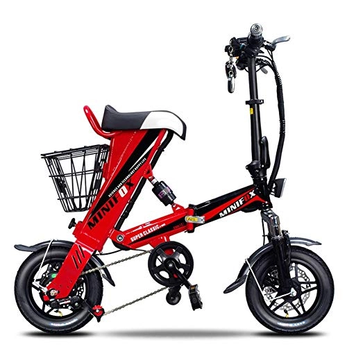 Electric Bike : Electric bicycle High carbon steel frame portable folding adult lithium electric bicycle Remote control anti-theft lock, front and rear double disc brakes, cruising range 30Km (Color : Red)