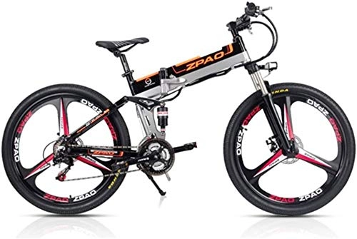 Electric Bike : Electric bicycle, ZP26 26 inch folding bike, 48V 350W powerful motor, 21 speed mountain bike, aluminum frame, a pedal-assisted bicycle, the whole suspension (black integral wheel, plus a spare battery