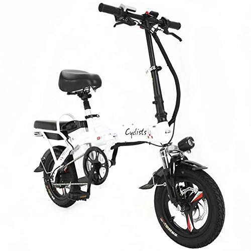 Electric Bike : Electric Bicycles Foldable Portable Bikes Detachable Lithium Battery 48V 400W Adults Double Shock Absorber Bikes with 14 Inch Tire Disc Brake and Full Suspension Fork, 80to160KM White
