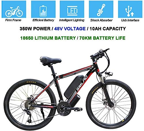 Electric Bike : Electric Bicycles for Adults, 360W Aluminum Alloy Ebike Bicycle Removable 48V / with 10Ah Lithium-Ion Battery Mountain Bike / Smart Mountain Bike (Black Red, 26inx17in)