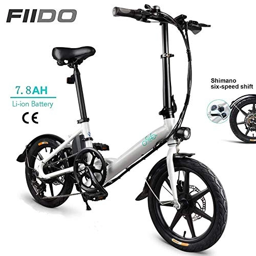 Electric Bike : Electric bicycles for adults Shimano folding 6-speed lightweight 16 inch 7.8AH 250W brushless motor 36V with shockproof tire-proof double disc brakes for men when commuting (Color : White) jianyu