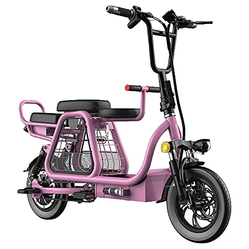 Electric Bike : Electric Bike 12" Commuter E-Bike 48V 350W Brushless Motor 15Ah Lithium Battery Disc Brake and EABS Three Seats Dual Shock Absorber Large Storage Space for Shopping and Pets, Pink