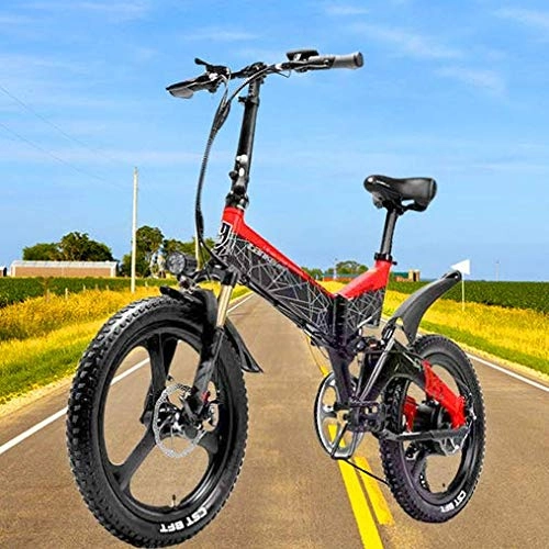Electric Bike : Electric Bike 20 * 2.4 Big Tire Bicycle Mountain Adult Folding Electric City Bike 350W 48V Lithium Battery 7 Speed Ebike, Red