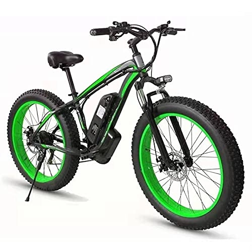 Electric Bike : Electric Bike 21 Speed Mountain Electric Bicycle 26" Adults Fat Tire E-Bike All Terrain Snow Cross-Country Electric Bike Front And Rear Disc Brakes Lithium Battery, Black green, 48V 10Ah