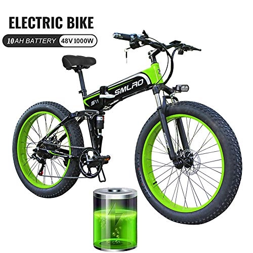 Electric Bike : Electric Bike 48V 1000W Electric Mountain Bike 26inch Fat Tire e-Bike 7 Speeds Beach Cruiser Mens Sports Mountain Bike Lithium Battery Hydraulic Disc Brakes, Black Green 1000W