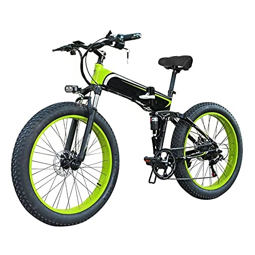 Electric Bike : Electric Bike All Terrain 3 Working Modes Electric Bike 7 Speed Fat Tire E-Bike 350W Motor Front And Rear Disc Brakes 26" Folding Mountain Electric Bicycle for Adults, Black green, 48V 10Ah