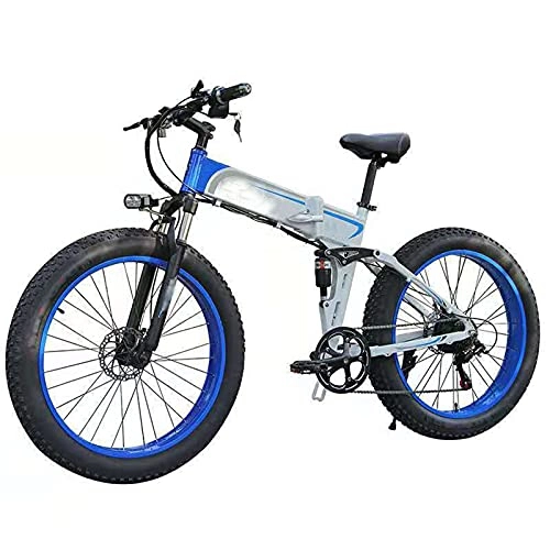 Electric Bike : Electric Bike All Terrain 3 Working Modes Electric Bike 7 Speed Fat Tire E-Bike 350W Motor Front And Rear Disc Brakes 26" Folding Mountain Electric Bicycle for Adults, White blue, 48V 10Ah
