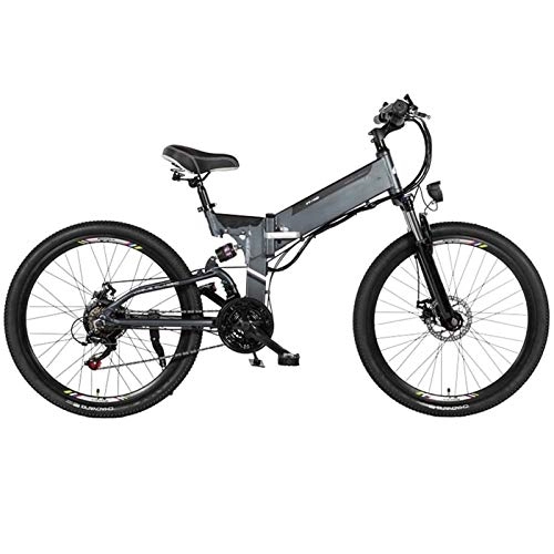 Electric Bike : Electric Bike, Foldable Adult Mountain Electric Bike, 48V 5-20AH Lithium Battery, 480W Aluminum Alloy Bicycle, 21 speed, 24 / 26 Inch Aluminum alloy spoke wheel ( Color : Gray 24 in , Size : 10AH )