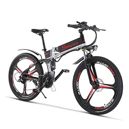 Electric Bike : Electric Bike - Folding Portable eBike For Commuting & Leisure Front Rear Suspension, Pedal Assist Unisex Bicycle, 350W / 48V (Black350w)