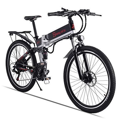 Electric Bike : Electric Bike - Folding Portable eBike For Commuting & Leisure Front Rear Suspension, Pedal Assist Unisex Bicycle, 350W / 48V (Black500w)