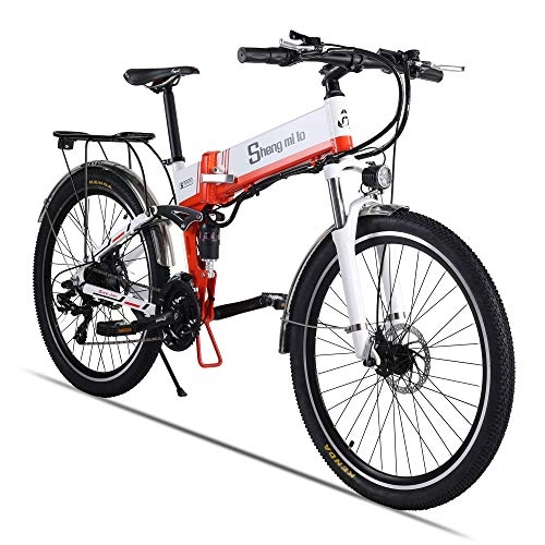 Electric Bike : Electric Bike - Folding Portable eBike For Commuting & Leisure Front Rear Suspension, Pedal Assist Unisex Bicycle, 350W / 48V (Orange (500w))