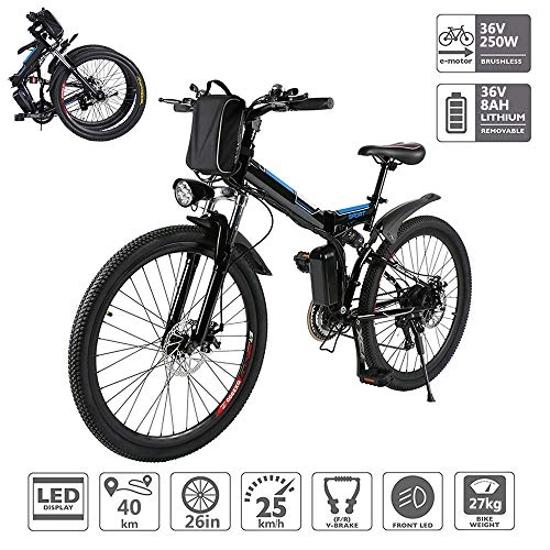 Electric Bike : Electric Bike, Folding Variable Speed Electric Mountain Bike with LEDDisplay Lithium-Ion Battery (36V 250W 8AH) Brushless Motor, Shimano 21 Speed Gear And 3 Working Modes, Black