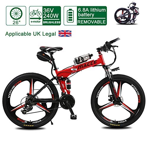 Electric Bike : Electric Bike for Adult, 23KG Lightweight Foding Electric Mountain Bicycle, 250W Removable Charging Battery Hybrid Bike, 21 Speed / 26" Road Eikes for Traveling, Red