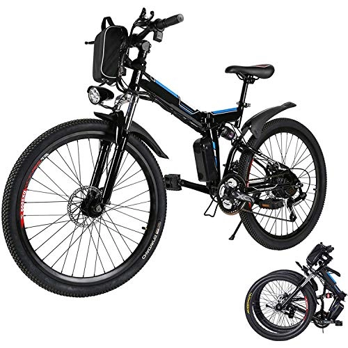 Electric Bike : Electric Bike for Adults, 26'' Folding Electric Mountain Bike with Removable 36V 8AH Lithium-Ion Battery, 250W Motor Electric Bike, E-Bike with 21 Speed Gear and Three Working Modes (Black)