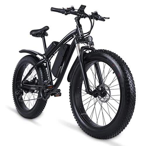 Electric Bike : Electric Bike for Adults 26 Inch Fat Tire 1000W E Bike 21-Speed Electric Bicycle 48V 17Ah Lithium Battery 25 Mph Electric Mountain Bike (Color : Black)