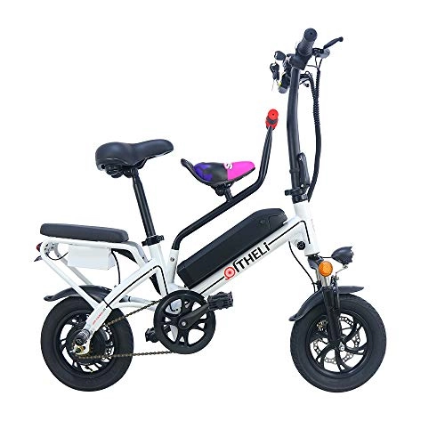 Electric Bike : Electric Bike, Lightweight Compact Travel Folding City Commuter 350W Motor 14Inch Mini Pedal Assist E-Bike with 48V Removable Lithium Battery for Unisex Adults(With Child Seat), White, 48V / 11AH / 35km