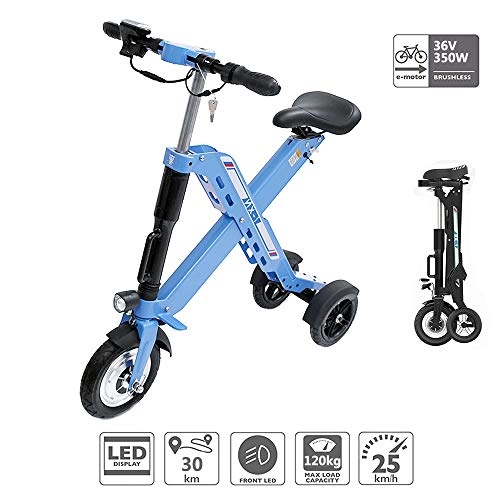 Electric Bike : Electric Bike, Mini Foldable 3-Wheel Electric Scooter with LEDDisplay Lithium-Ion Battery (36V 350W) Brushless Motor, Cruising Range 30Km, Load 120Kg, Blue