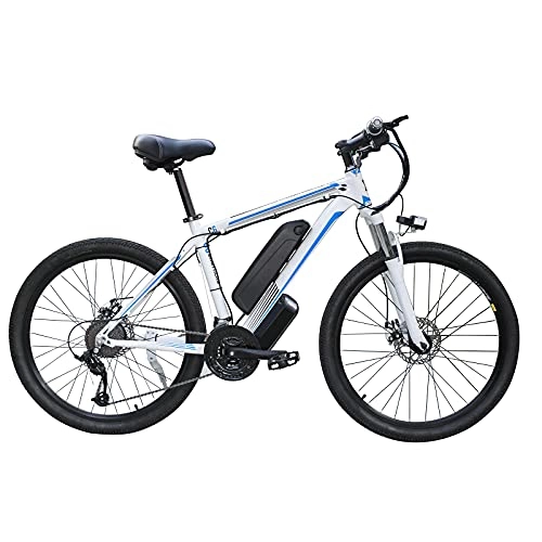 Electric Bike : Electric Bikes for Adult, 26inch Mountain E-Bike 48V 350W / 500W / 1000W 13AH Strong Power Motor Removable Lithium-Ion Battery 21 Speed Electric Bicycles for Men Ladies Travel Commuting (White Blue, 500W)
