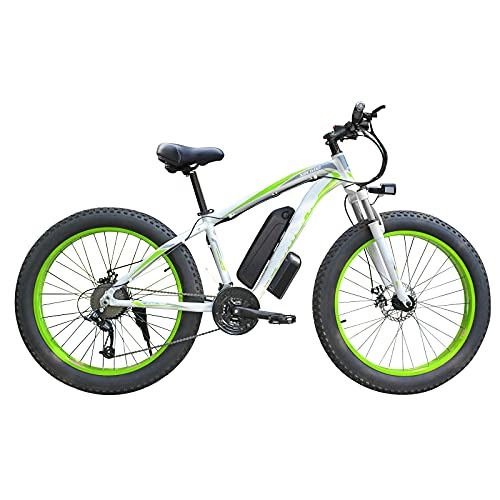 Electric Bike : Electric Bikes for Adults, Fat Tire Mountain Bicycle 26inch 48V 500W / 1000W 13AH All Terrain Beach Snow Removable Lithium-Ion Battery 21 Speed Gears Super Power E-Bike for Men Women (White Green, 1000W)