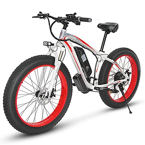 Electric Bike : Electric Bikes for Adults, Fat Tire Mountain Bicycle 26inch 48V 500W / 1000W 13AH All Terrain Beach Snow Removable Lithium-Ion Battery 21 Speed Gears Super Power E-Bike for Men Women (White Red, 500W)