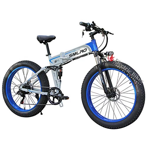 Electric Bike : Electric Bikes for adults, folding bike with Semi-Integrated Battery, 1000 W Motor 48V 14.5AH mountain bike, 4.0" Tires 7 Speed hybrid, for Outdoor Cycling Travel Work Out blue