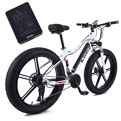 Electric Bike : Electric Fat Tire Bikes for Men, Full Suspension Mountain Bike with LCD Instrument panel 27 speed 10Ah Removable Lithium Battery Comfortable Cushion Adjustable Shock Absorption (Color : White)