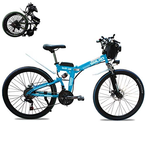 Electric Bike : Electric folding mountain bike 26" Country electric bike 21 Speed Gear Brakes Wheel Mens Hybrid Bike (48V 350W) Removable Lithium-Ion Battery with Double Disc Brake, Blue