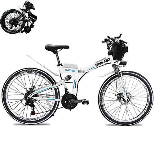 Electric Bike : Electric folding mountain bike 26" Country electric bike 21 Speed Gear Brakes Wheel Mens Hybrid Bike (48V 350W) Removable Lithium-Ion Battery with Double Disc Brake, White