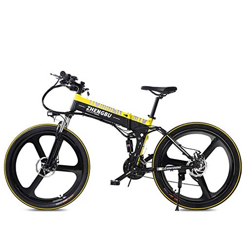 Electric Bike : Electric Folding Mountain Bike With Automatic Repair Tire And 48V Removable Li-Battery 27 Speed Gear, Yellow-48V10AH