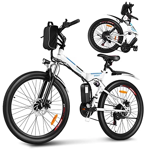 Electric Bike : Electric Mountain Bike 26'' Folding 250W Electric Bicycle with Removable Large Capacity Lithium-Ion Battery, Professional 21 Speed Gears (White)