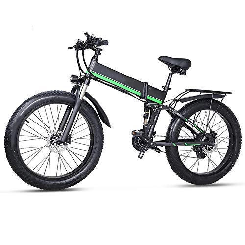 Electric Bike : Electric Mountain Bike, 48v 1000w Snow Folding Bicycle 4.0 Fat Tire e Bike 48v Lithium Battery, for Urban Environment and Commuting To and From Get Off Work MX01-Green