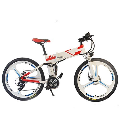Electric Bike : Electric Mountain Bike 48V 250W Folding E-bike with Dual Disc Brakes and LCD Color Screen 5-speed Smart Meter, Shock Absorber Fork SHIMANO 7 Speeds Commuter Bicycle 26 inch, White